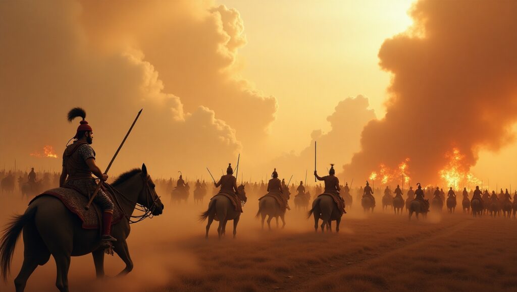 Illustration depicting the Kurukshetra War from Mahabharata, showing warriors, chariots, and celestial weapons in fierce combat.