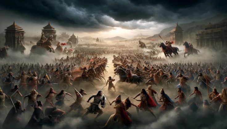 A dramatic illustration of the Mahabharata war, showing soldiers, chariots, and elephants in combat.