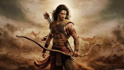 Illustration of Karna (The Tragic Hero Of Mahabharat), a central figure in the Mahabharata, holding a bow and arrow on a battlefield.