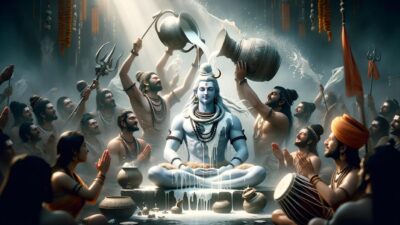 Shiva adorned with milk, with illuminated temples and devotees in the background devotees chanting Mahashivratri Mantras.