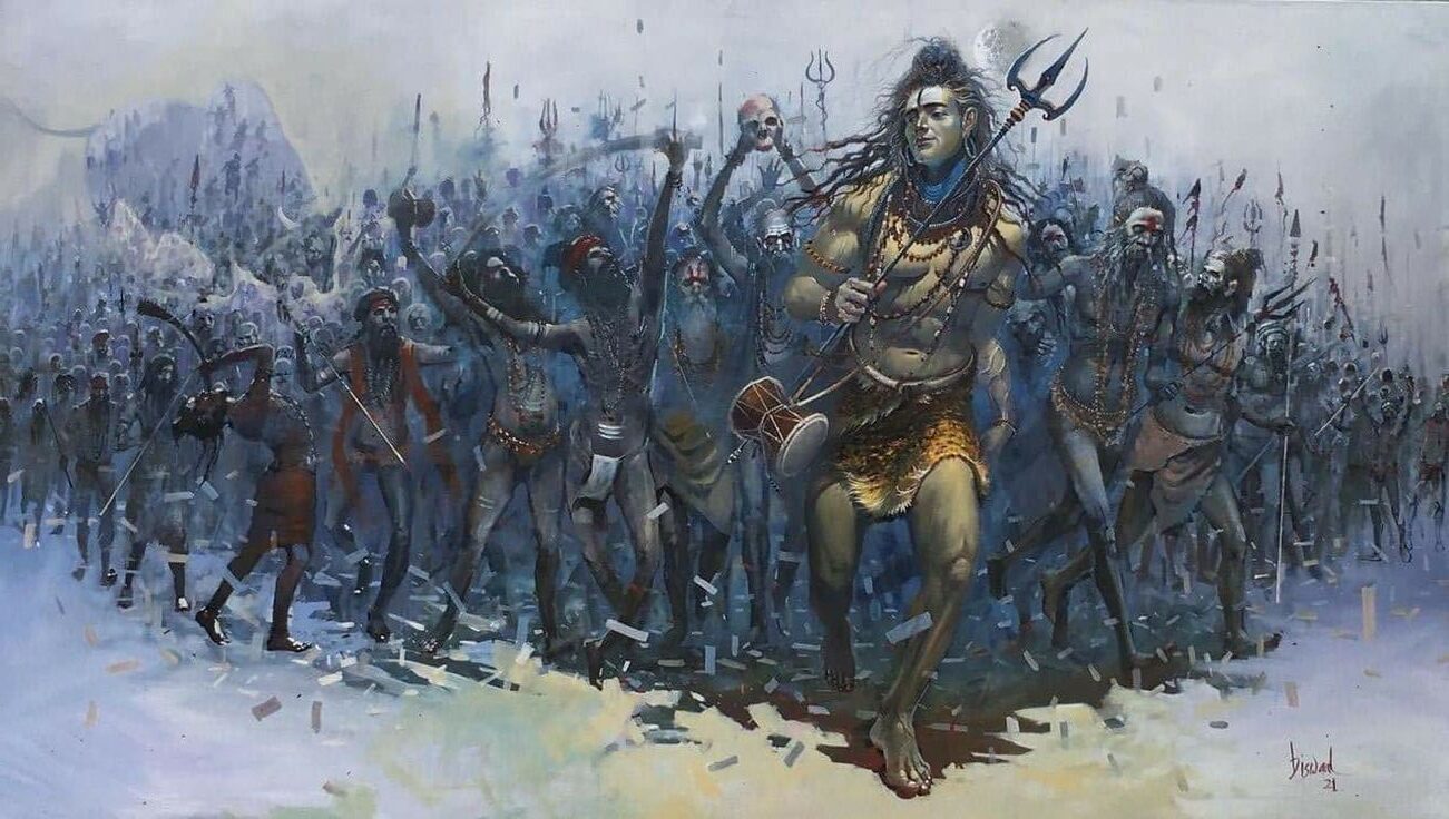 Night-time celebration with illuminated temples and devotees chanting Mahashivratri Mantras