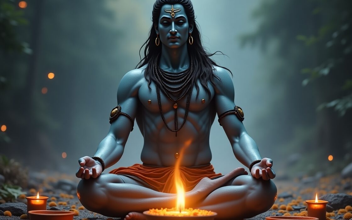 An image of Lord Shiva meditating with a Shiva lingam and traditional offerings happy with Mahashivratri fast