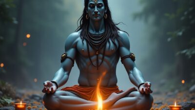 An image of Lord Shiva meditating with a Shiva lingam and traditional offerings happy with Mahashivratri fast