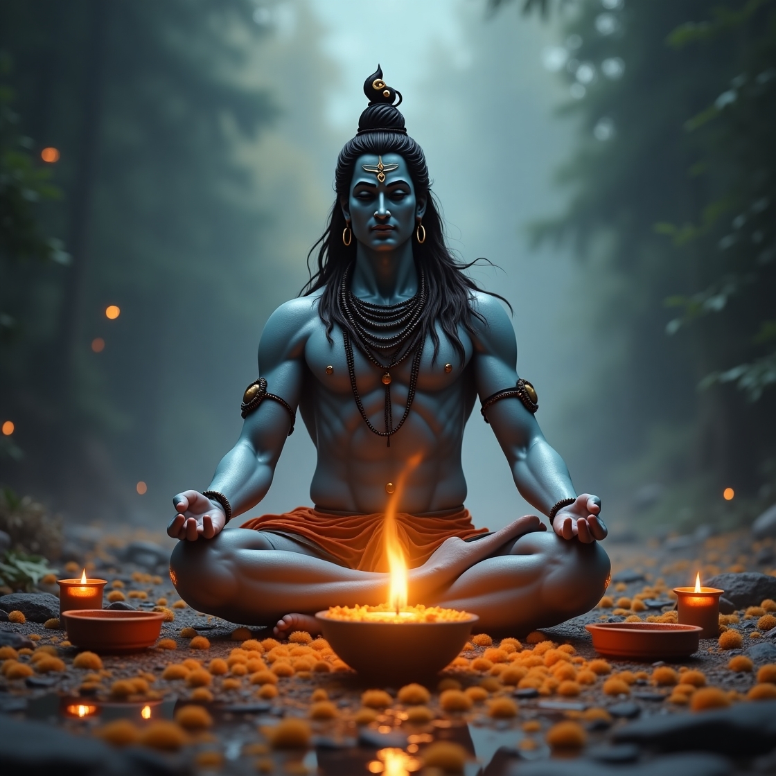An image of Lord Shiva meditating with a Shiva lingam and traditional offerings happy with Mahashivratri fast