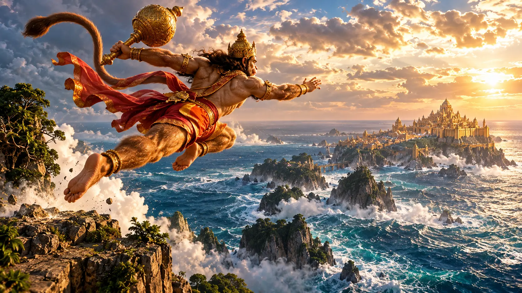 Colossal Hanuman leaps from Mount Mahendra across the turbulent ocean toward the golden city of Lanka