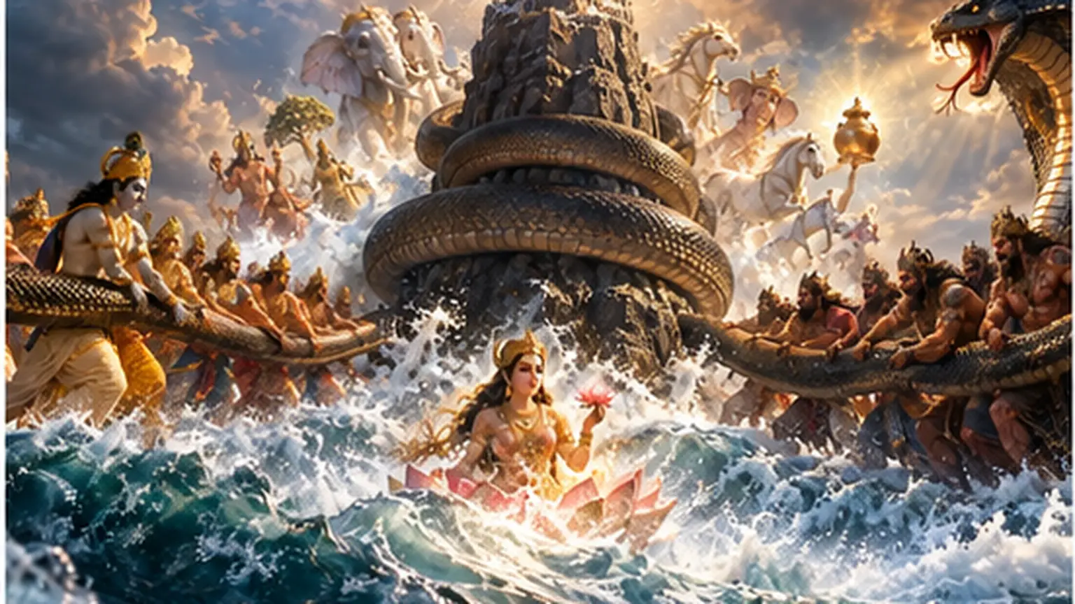 Devas and asuras churning the cosmic ocean around Mount Mandara with the serpent Vasuki