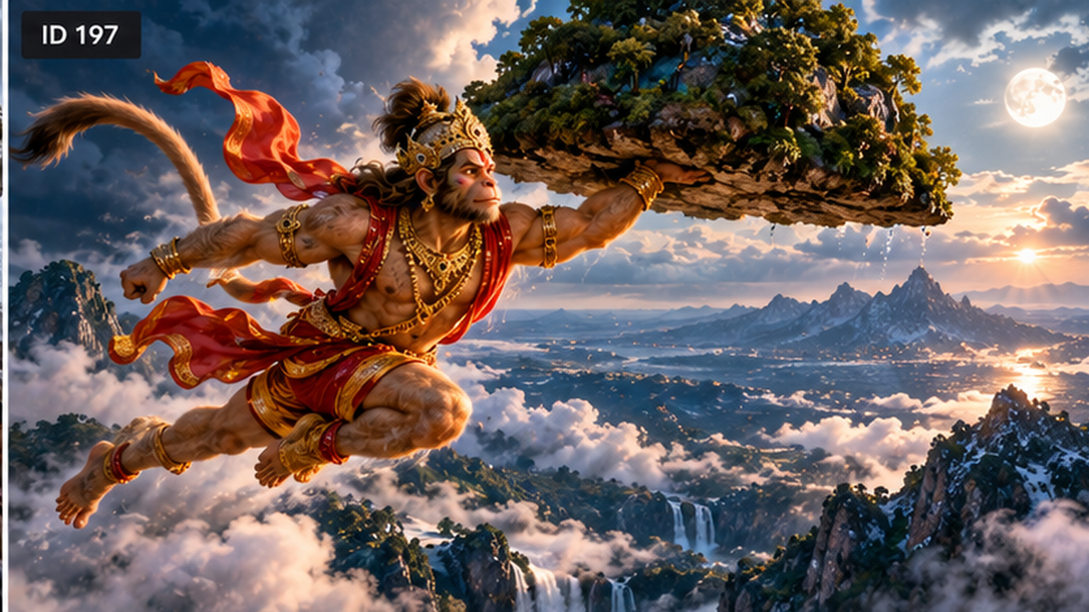 Hanuman flying through the night sky carrying a mountain of medicinal herbs