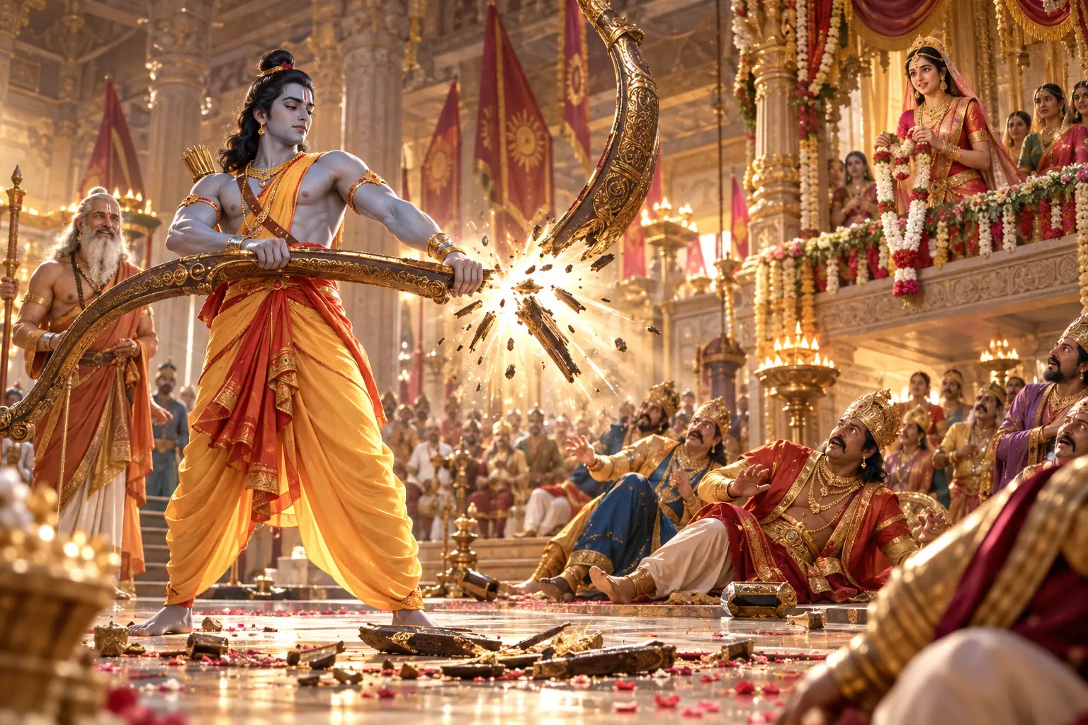 Lord Rama breaks Shiva’s bow in King Janaka’s grand hall at Mithila, as Sita watches with a garland and Vishwamitra smiles.