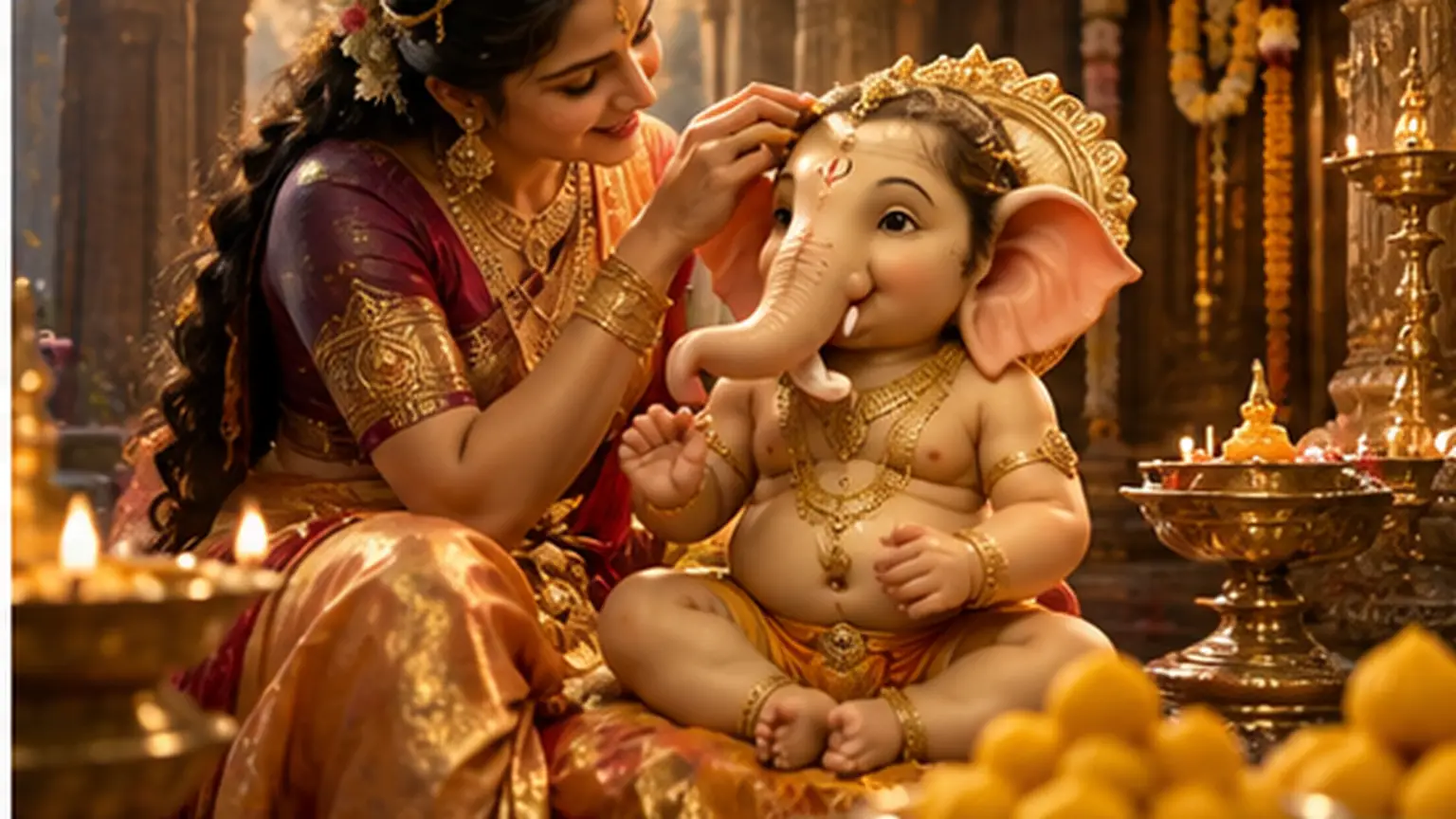 Parvati lovingly tending the newly formed elephant-headed child Ganesha in a warm, lamp-lit sacred setting
