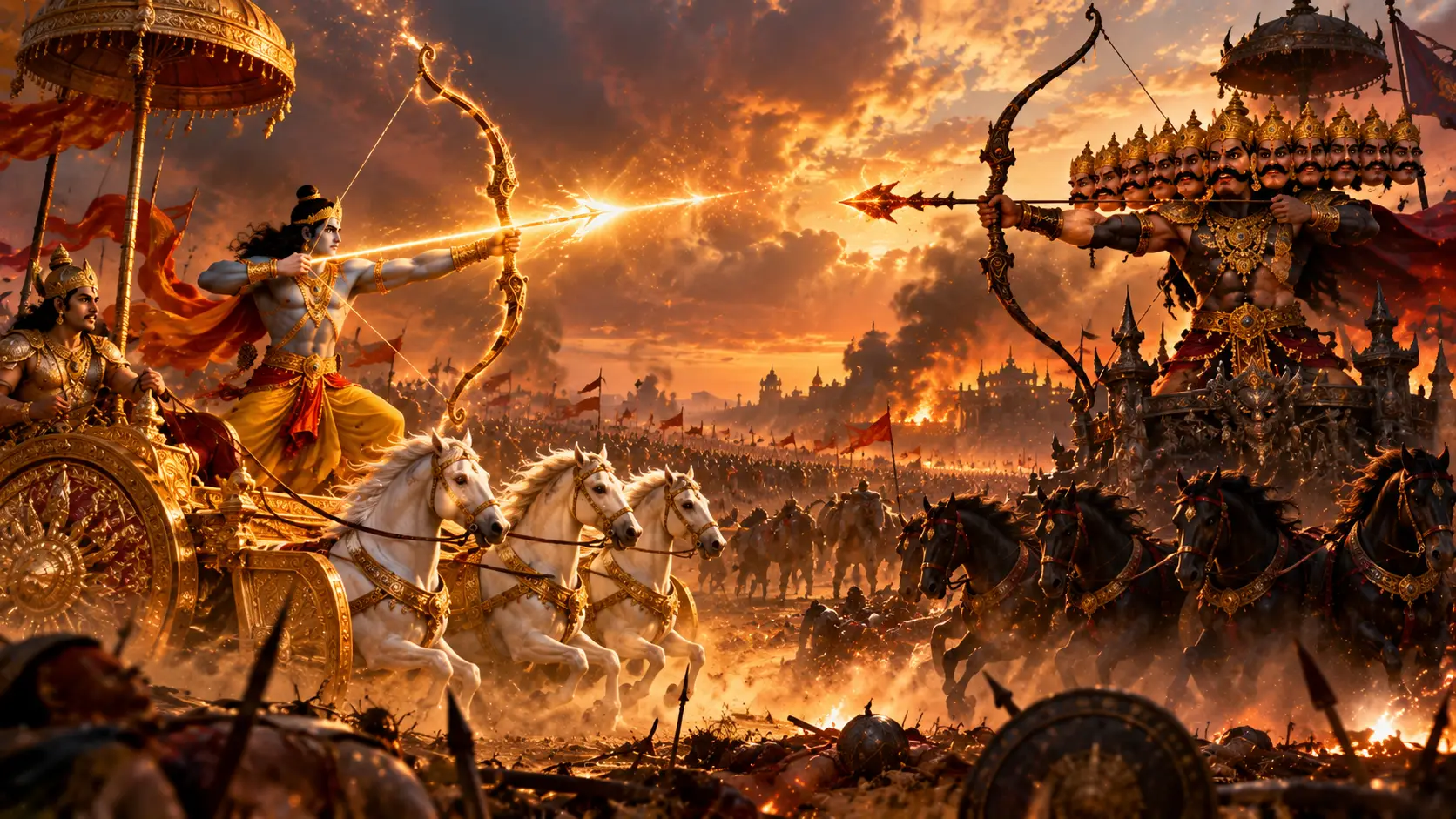 Rama on Indra's golden chariot, drawing a blazing divine arrow against ten-headed Ravana on a dark chariot amid smoke, fire and divine light
