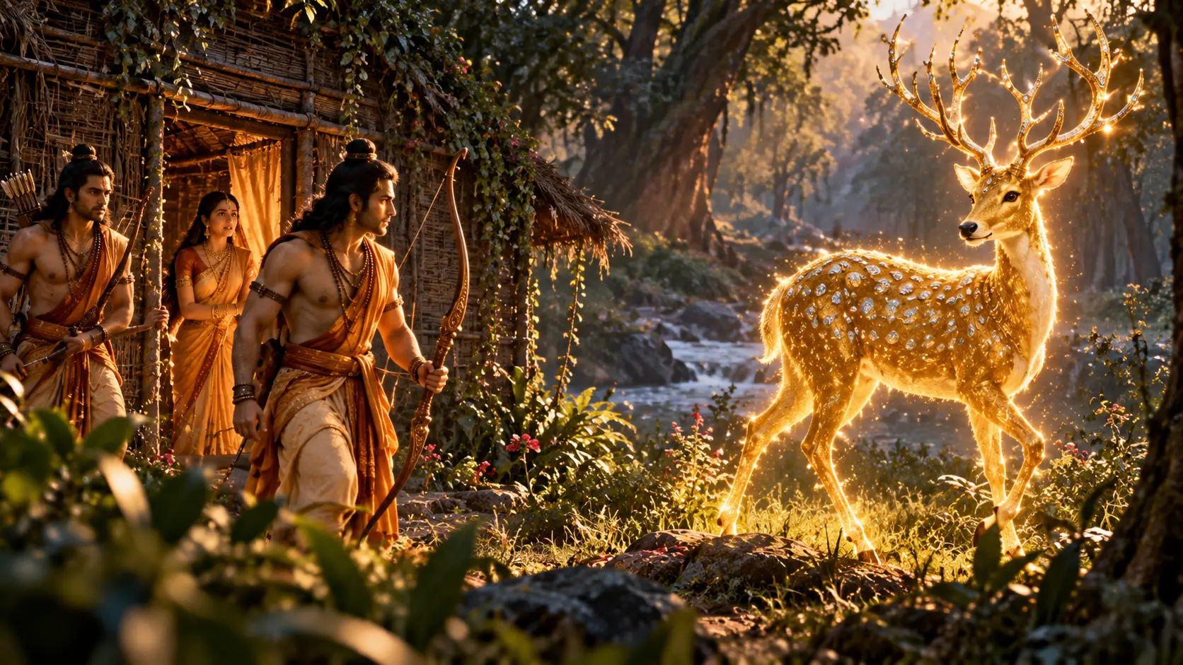 The glowing golden deer at the forest edge as Sita, Rama and Lakshmana watch