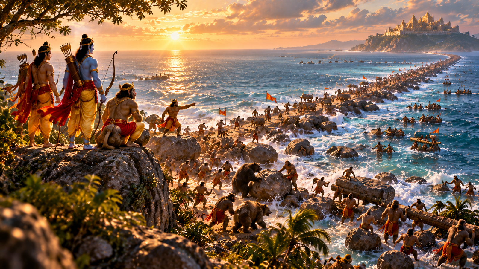 The vanara army building Rama Setu toward Lanka at sunrise, carrying boulders and timber as Rama and Lakshmana watch from shore